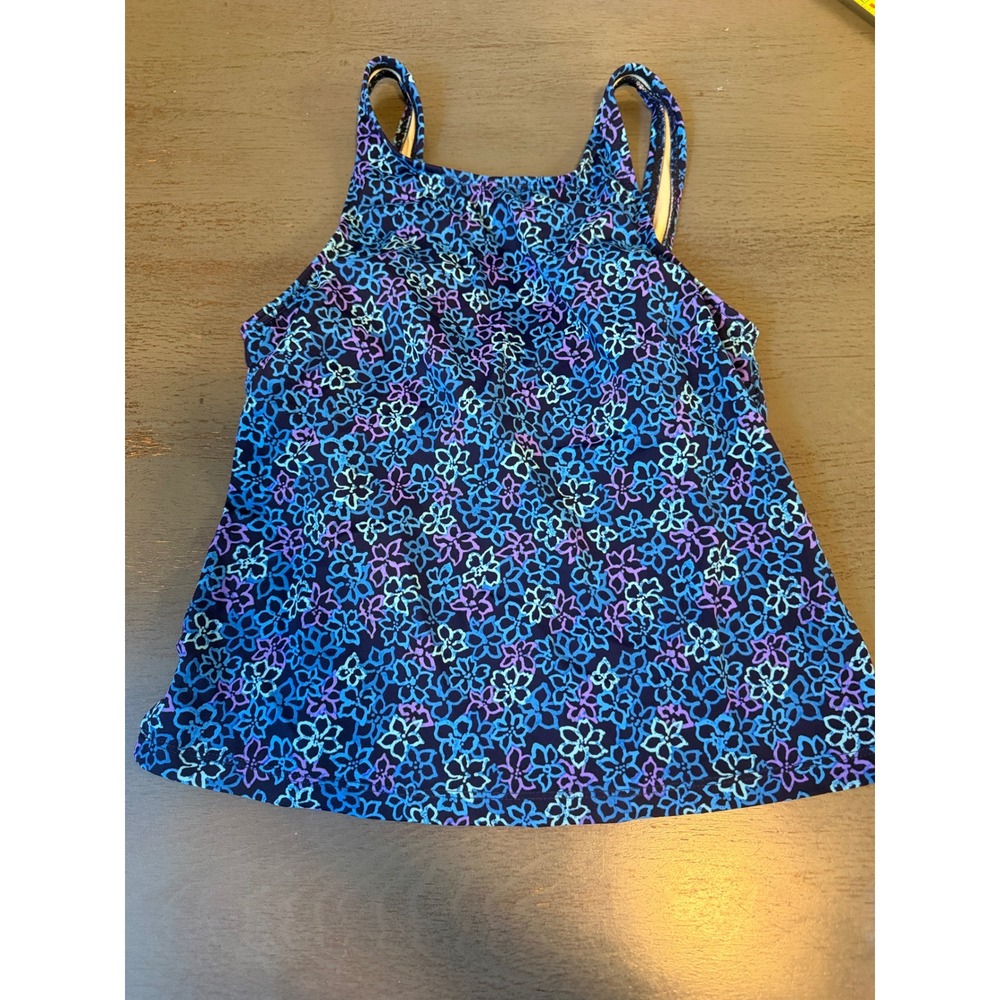Lands End Womens Regular 10 Tankini Swim Top Blue Purple Floral High Neck